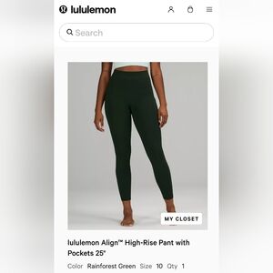 Lululemon Align High-Rise Pant With Pockets 25" - Rainforest Green
